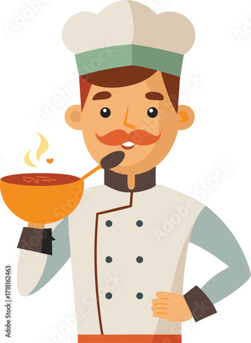 Cartoon Chef with Mustache Tasting Soup from a Bowl with a Spoon