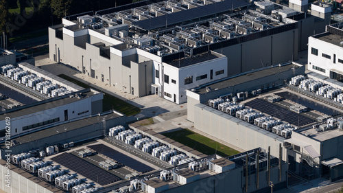 Close up details of data center, computing center, high consumption electricity. Cooling and emergency power.