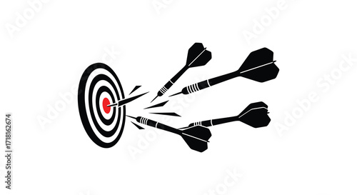 Darts in flight approaching a target with concentric rings black and white