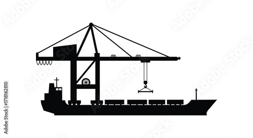 Simple black silhouette depicting a ship being loaded by a crane