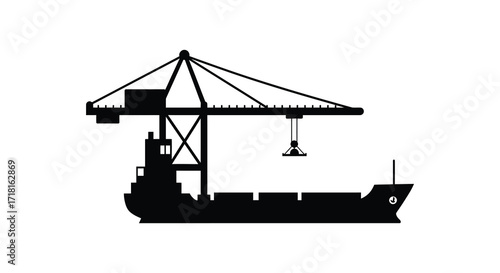 Black silhouette of a cargo ship being loaded by a large crane
