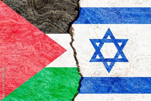 Palestine and israel flags on cracked background, abstract Middle East conflicts concept