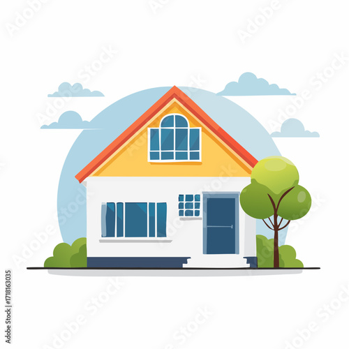 A charming illustration of a single-family house with a bright yellow roof and blue windows, set against a backdrop of fluffy clouds and a large blue circle.