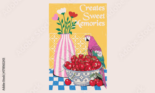 Create sweet memories. Macaw and flower pot artwork. Cherry graphic print design.