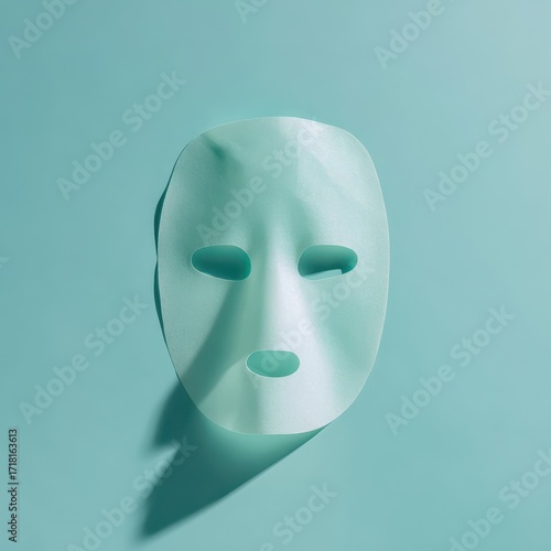 Light green cosmetic facial sheet mask casting a hard shadow on a monochromatic teal background.
