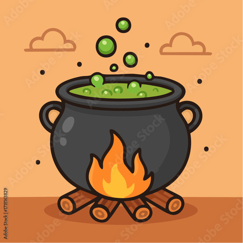 Green Poison Boiling Cauldron Halloween Illustration