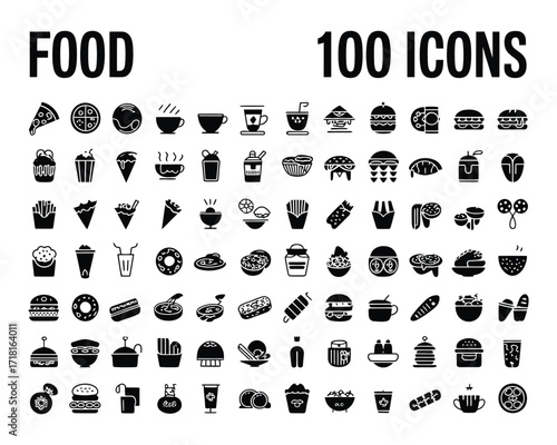 Diverse Collection of Food and Drink Icons for Culinary Projects and Menus