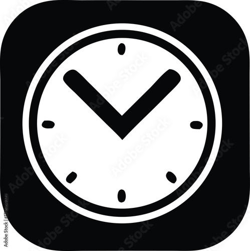 Classic analog clock icon with simple hour markers and bold hands indicating time on a dark square background