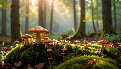 Forest mushrooms bathed in sunlight