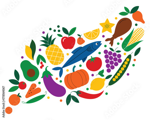 A vibrant assortment of fresh fruits, vegetables, and proteins artfully arranged in a dynamic, organic shape on a clean background, suitable for healthy eating and nutrition-design-featuring-two