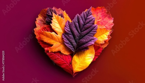 A heart shaped arrangement of autumn leaves in vibrant reds oranges and browns. Seasonal foliage heart colorful fall leaf decoration a romantic nature artwork. perfect autumnal home