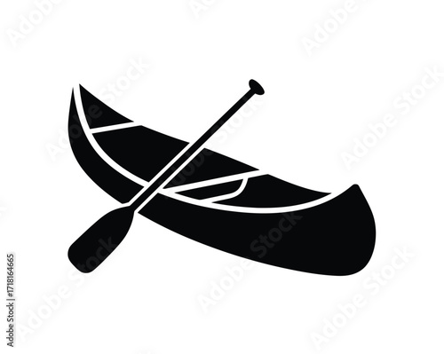 Black and white illustration of a canoe with a paddle, suitable for outdoor activities and travel