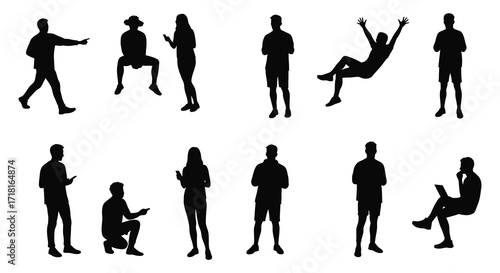 Diverse silhouettes of people in various poses and activities shown