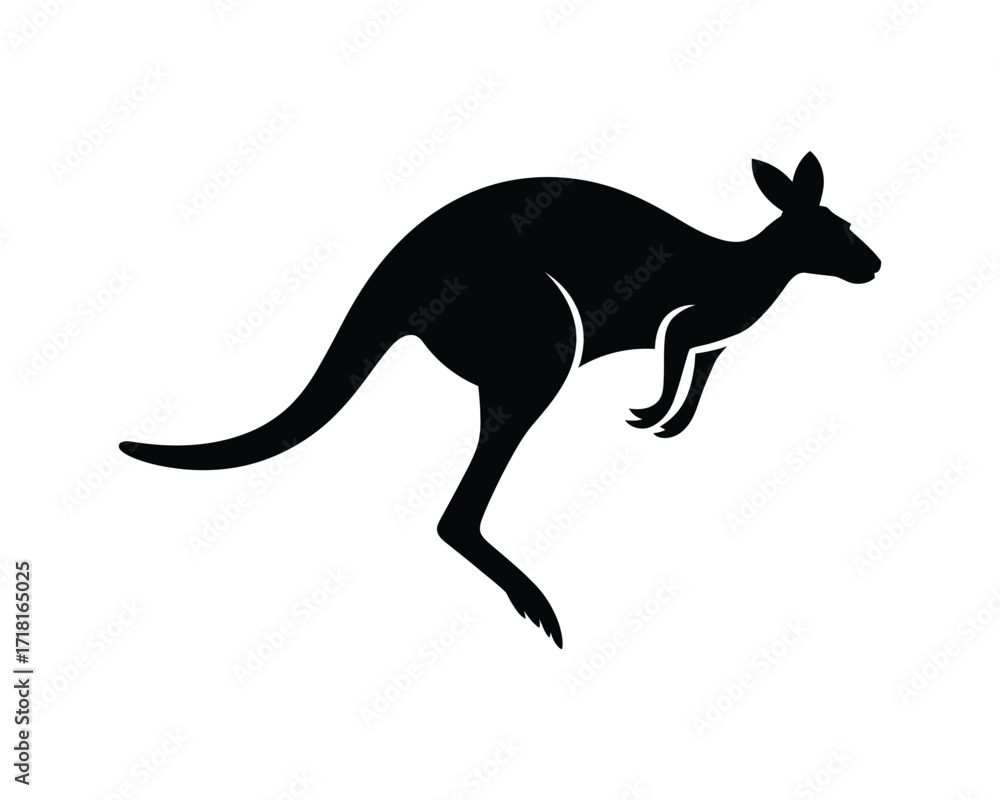 Fototapeta premium Simple black silhouette of a jumping kangaroo. Vector icon illustration of an Australian marsupial wildlife animal isolated on a white background