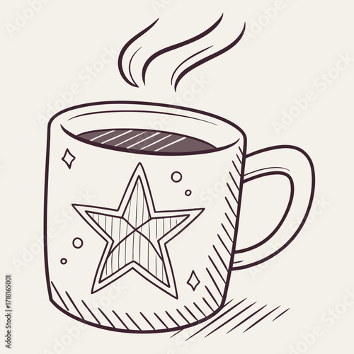 A steaming mug, decorated with a star and diamond pattern