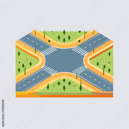 Isometric illustration of a road intersection with crosswalks, trees, and surrounding green areas.