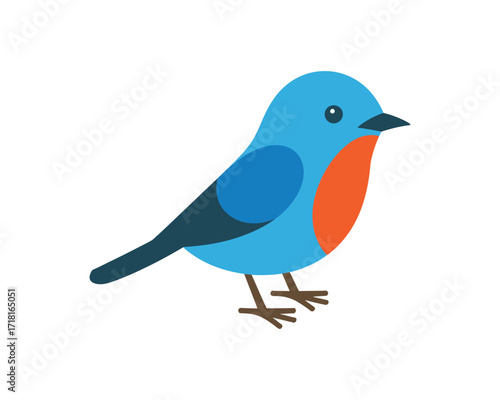 Cute blue bird with orange chest isolated on white background, cartoon illustration of a bird
