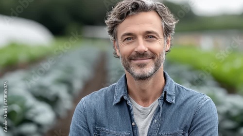 Pastoral Scenery: Mature Man's Smile with Vegetable Fields