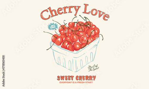 Cherry bucket drawing. Cherry fruit print. Cherry love. Organic food artwork for for t-shirt. Sweet fruit.