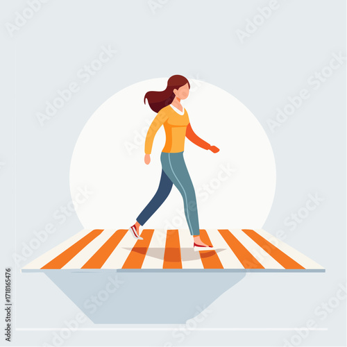Woman walking on a crosswalk, vector illustration.