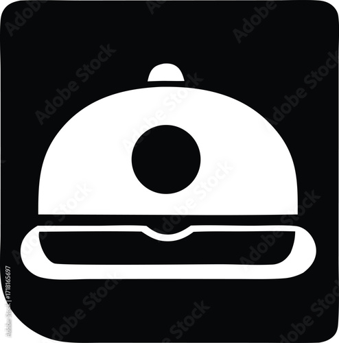 Simple white icon of a covered dish or cloche representing food service catering or restaurant menus a clean graphic.