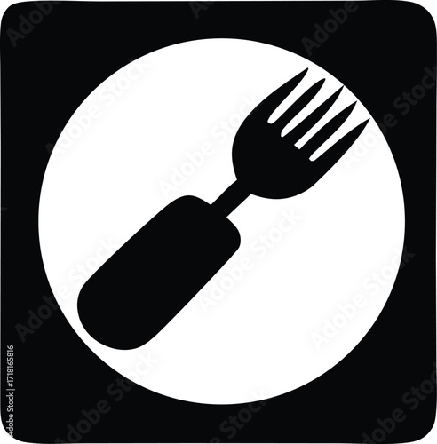 Simple icon of a fork within a circle against a square backdrop signifying dining food cuisine restaurant hospitality