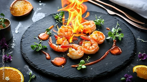 Fototapeta Naklejka Na Ścianę i Meble -  Seafood flambe premium shrimp with dramatic orange flames on elegant black slate plate featuring microgreens and edible purple flowers in luxury restaurant
