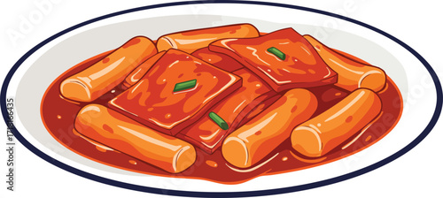 A plate of delicious tteokbokki, a popular Korean dish made with chewy rice cakes and a spicy red sauce, garnished with green onions.