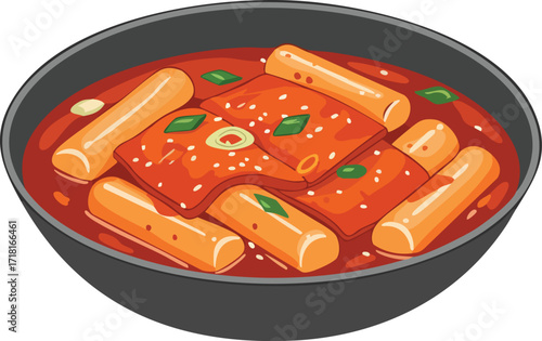 A plate of delicious tteokbokki, a popular Korean dish made with chewy rice cakes and a spicy red sauce, garnished with green onions.