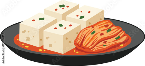 A plate of tofu cubes with kimchi, a Korean side dish, served on a black plate.