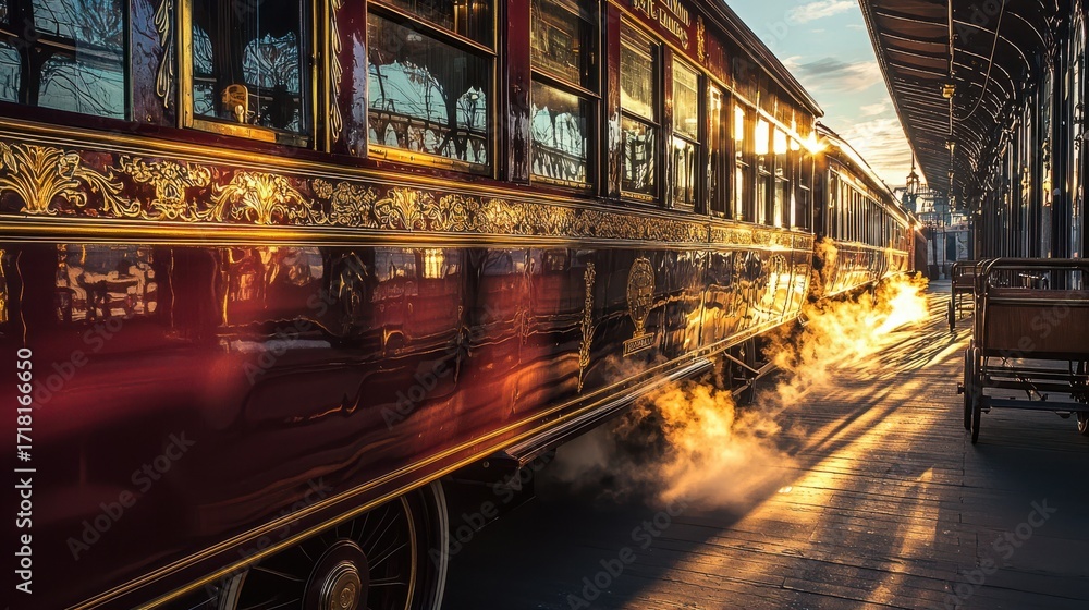 Obraz premium Luxurious vintage sleeper car with ornate golden brass detailing and steam at historic train station platform during dramatic golden hour lighting