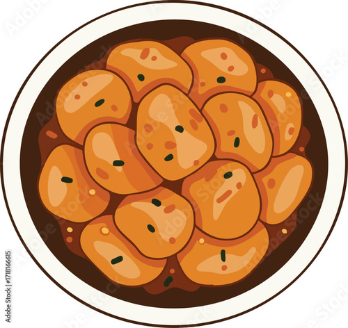 A top-down vector illustration of a hearty bowl of potato curry or stew with a rich, dark sauce.