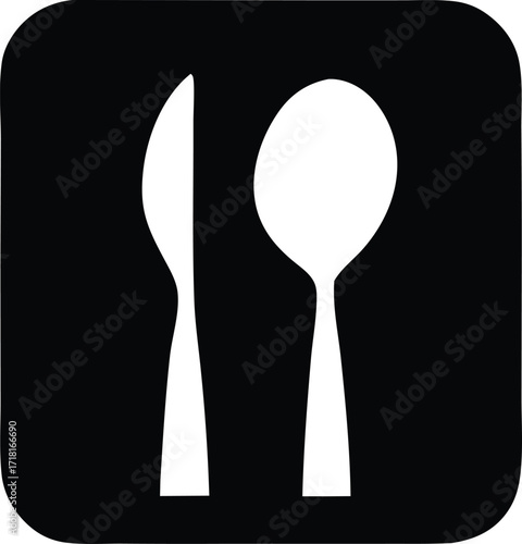 Simple iconography of a knife and spoon on a black square symbolizing food restaurant dining meal cuisine eating utensils kitchenware cutlery service mealtime