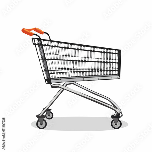 Illustration of a metal shopping cart with orange handles on a white background.