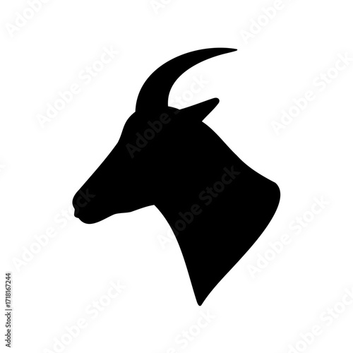 Black silhouette of a horned animal head, isolated on a white background