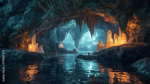 Surreal Crystal Cave with Glowing Minerals – Fantasy Abstract Background

