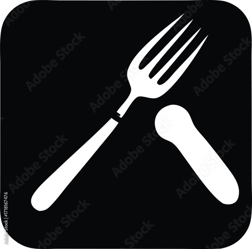 Simple white fork and spoon icon on a black square food service restaurant dining utensil symbol represents eating meal cuisine culinary art restaurant kitchen cafe bistro diner