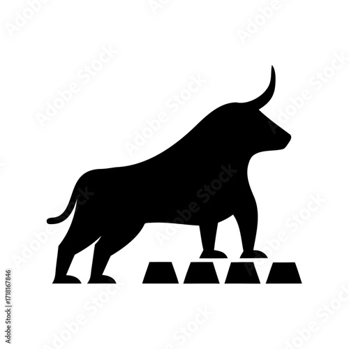 Strong Black Bull Symbol Standing on Gold Bars of Financial Wealth