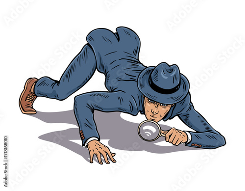 Funny detective crawling with magnifying glass illustration