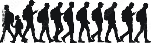 Silhouettes of people walking in a line, urban commuters with backpacks, city pedestrians, vector illustration for design