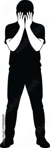 Sad Man Covering Face Silhouette Vector Illustration