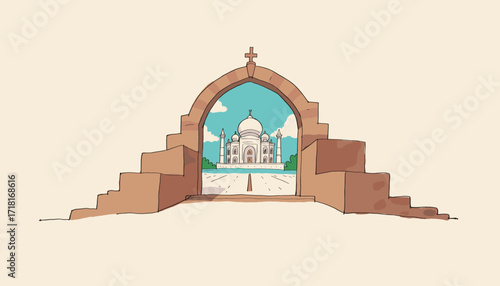 Illustration of Taj Mahal through an arch in a minimalist style  