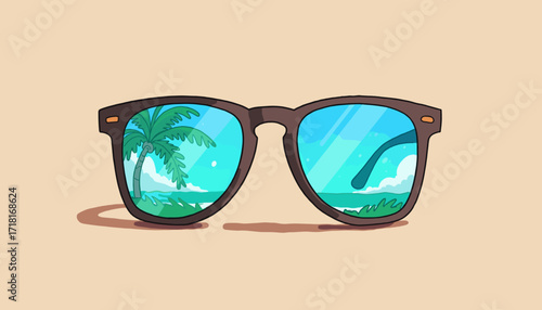 Sunglasses reflecting a tropical beach scene with palm trees and ocean, World tourism Day  