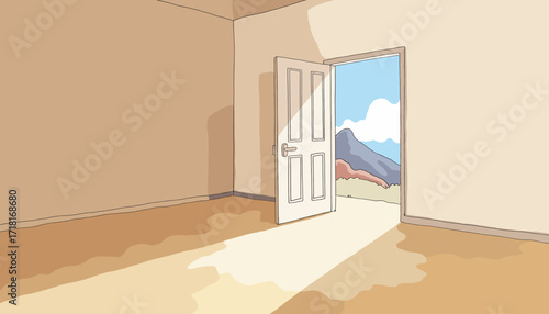 Empty room with open door leading to mountains and blue sky, Columbus Day  