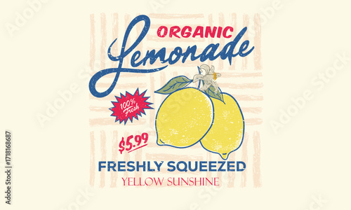 Organic lemonade, Summer food poster design. Fresh lemon fruit print. Nature fruit club print design.