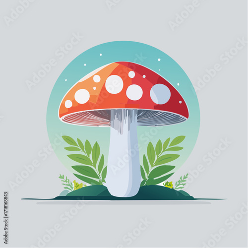 A vibrant illustration of a fly agaric mushroom, nestled amongst foliage, in a stylized, cartoonish design.