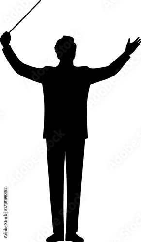 Conductor raising baton both arms extended, standing tall, solid black silhouette