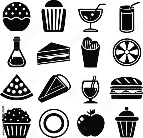 Collection of delicious food and drink icons representing desserts snacks meals and refreshments for your next project