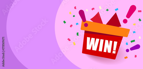 win prizes. vertical banner. white  gift box on violet background and exclamation marks. Fireworks or confetti around. Cartoon origami style vector illustration.