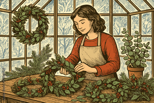 Creating festive wreaths in a cozy greenhouse during winter